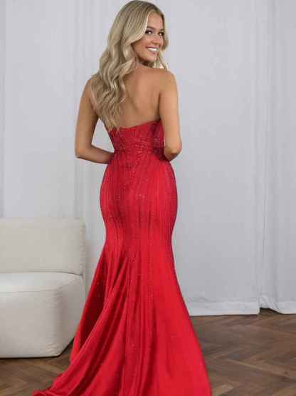 Red Strapless Sequin Long Prom Dress with Linear Beading
