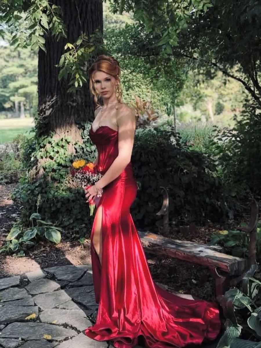 Red Strapless Sweetheart Satin Long Prom Dress with Slit