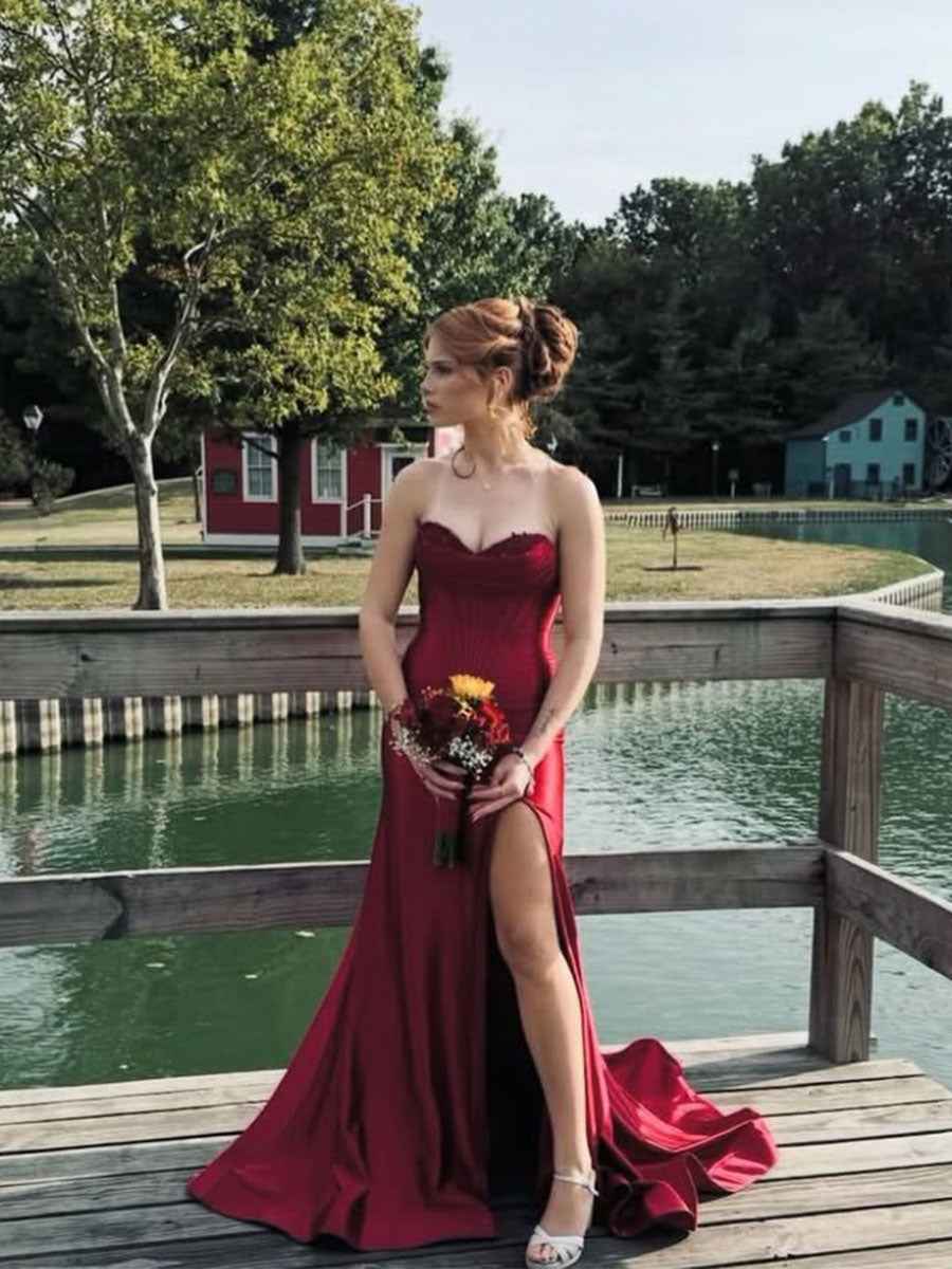 Red Strapless Sweetheart Satin Long Prom Dress with Slit