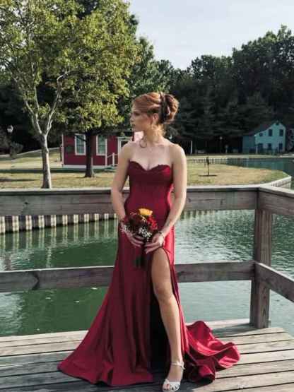 Red Strapless Sweetheart Satin Long Prom Dress with Slit