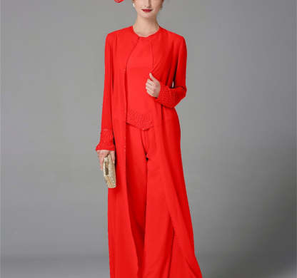 Long-Sleeve Chiffon Mother of the Bride Pantsuit with Jacket and Sequins-BMbridal