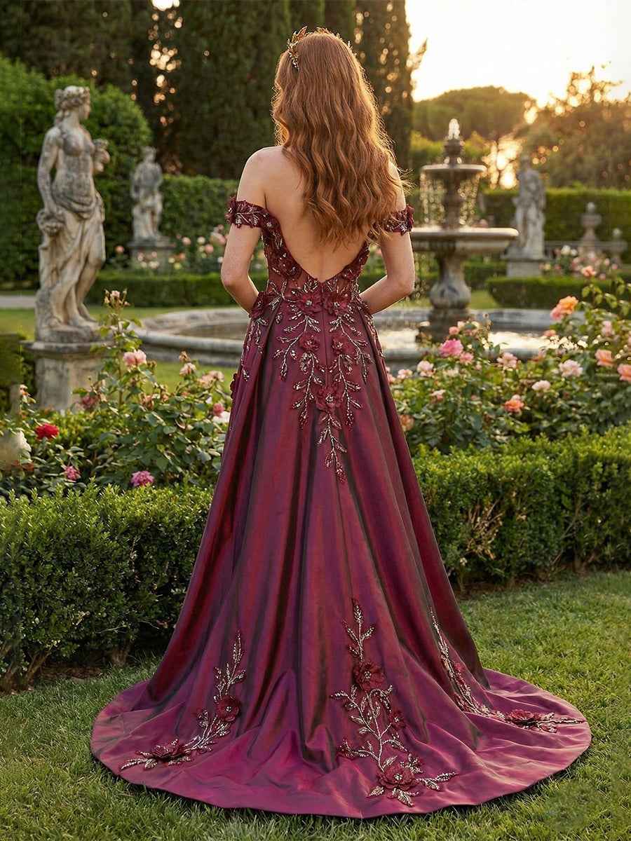 Regal Burgundy Floral A-Line Prom Dress with Iridescent Sheen