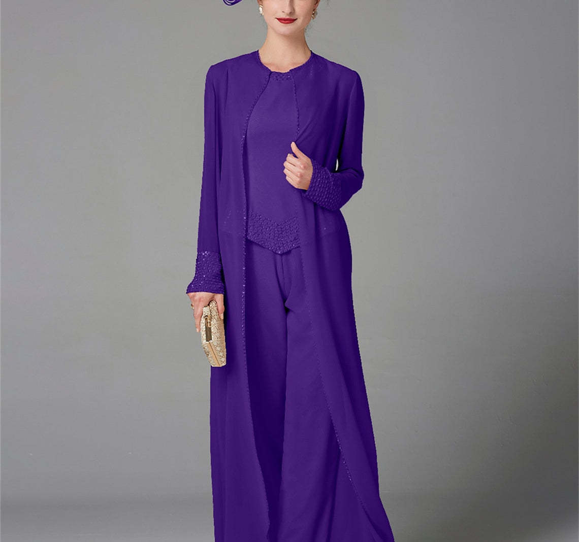 Long-Sleeve Chiffon Mother of the Bride Pantsuit with Jacket and Sequins-BMbridal