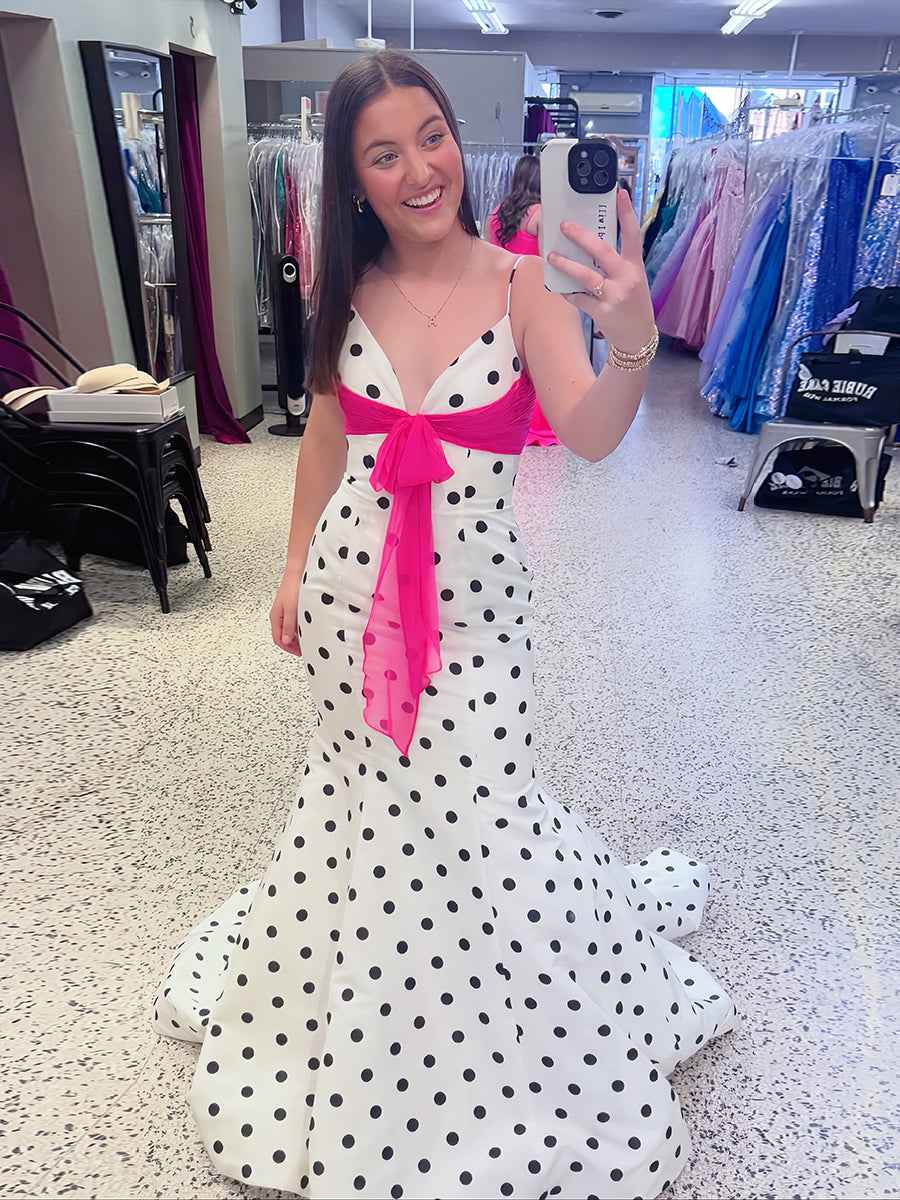 Retro Chic Polka Dot Mermaid Prom Dress with Pink Bow Detail