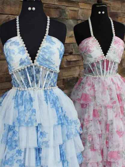 Romantic Floral Ruffle Prom Dress with Beaded Halter Corset