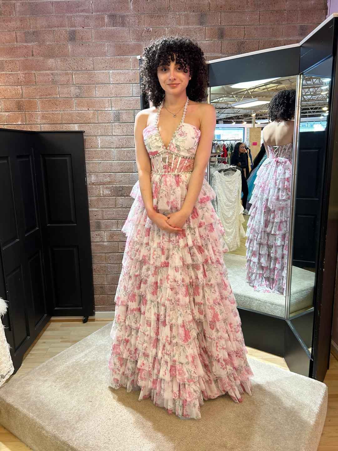 Romantic Floral Ruffle Prom Dress with Beaded Halter Corset