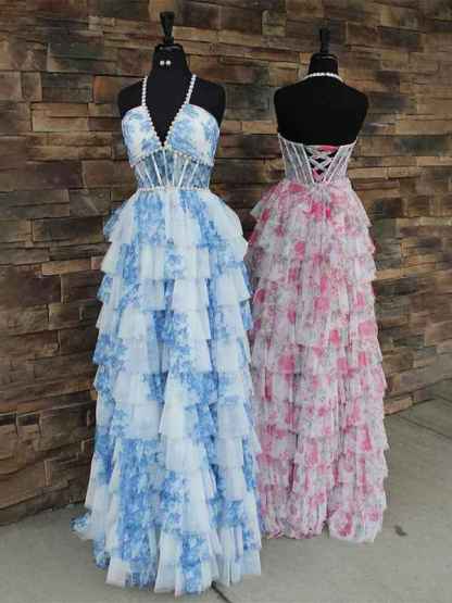 Romantic Floral Ruffle Prom Dress with Beaded Halter Corset