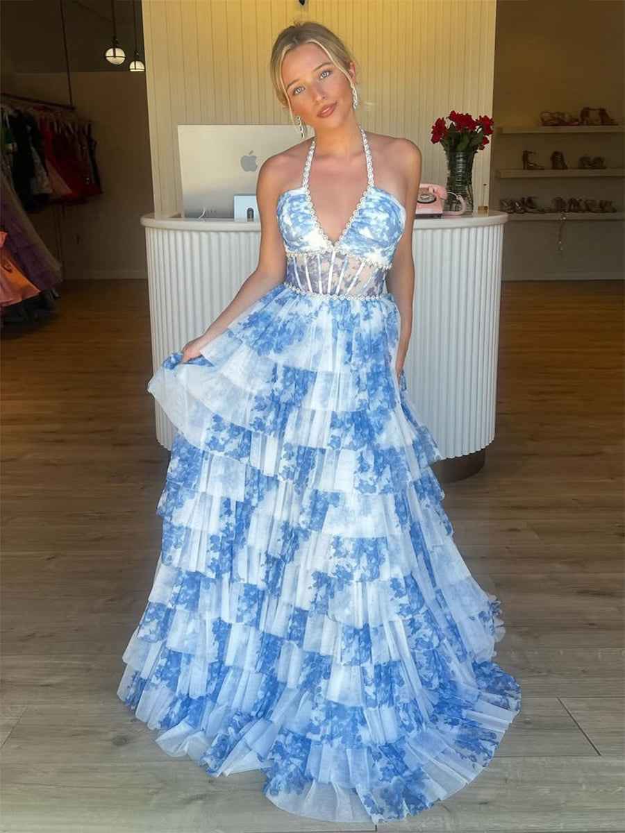 Romantic Floral Ruffle Prom Dress with Beaded Halter Corset