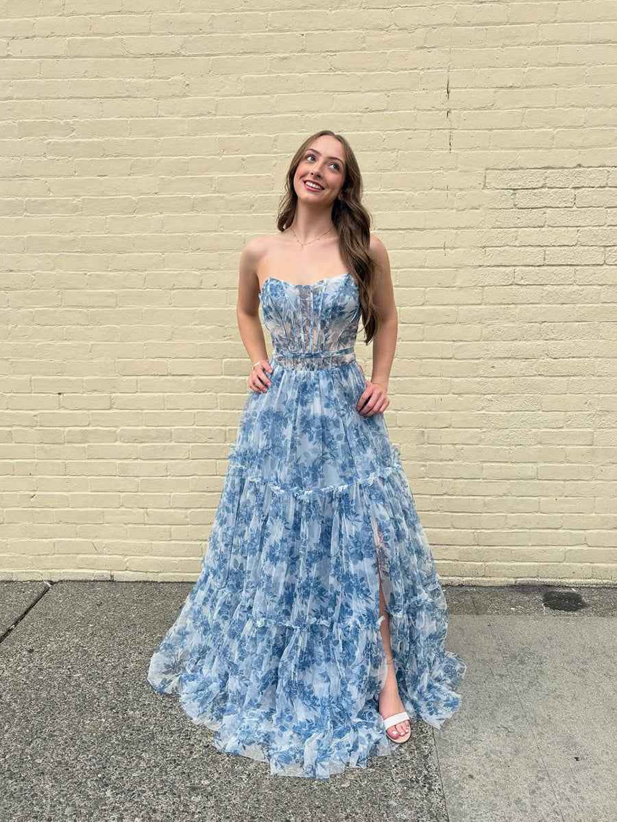 Romantic Blue Floral Strapless Tiered Corset Prom Dress