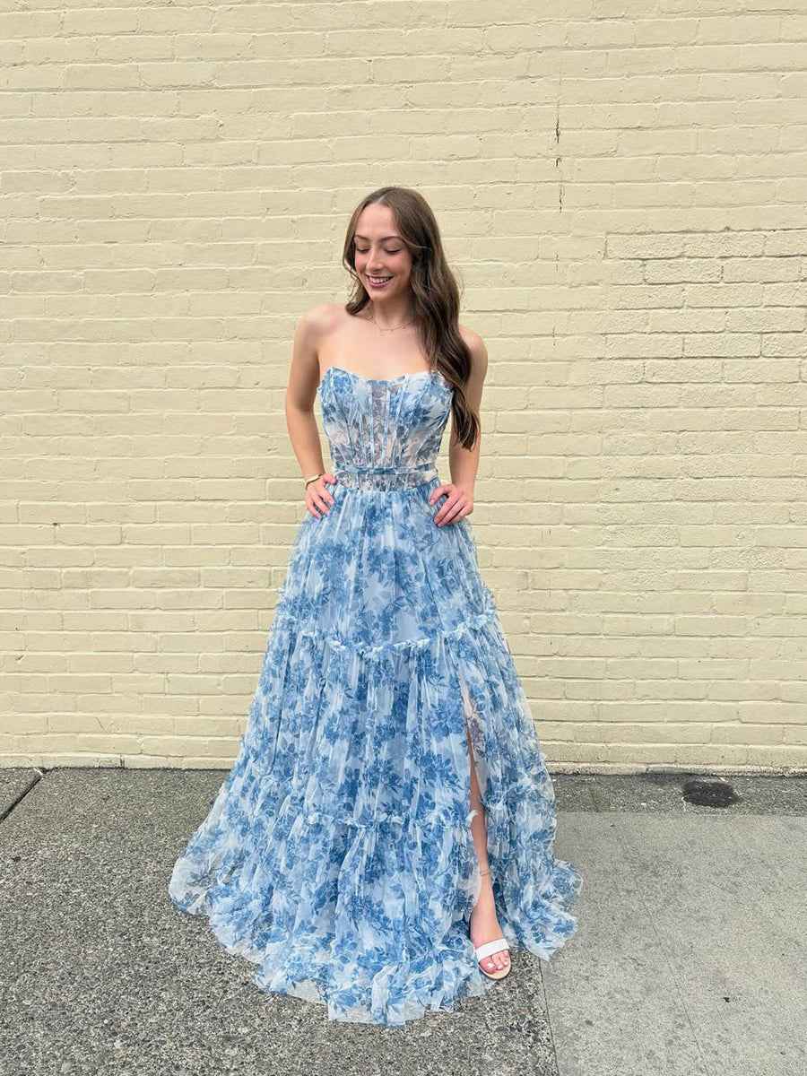 Romantic Blue Floral Strapless Tiered Corset Prom Dress