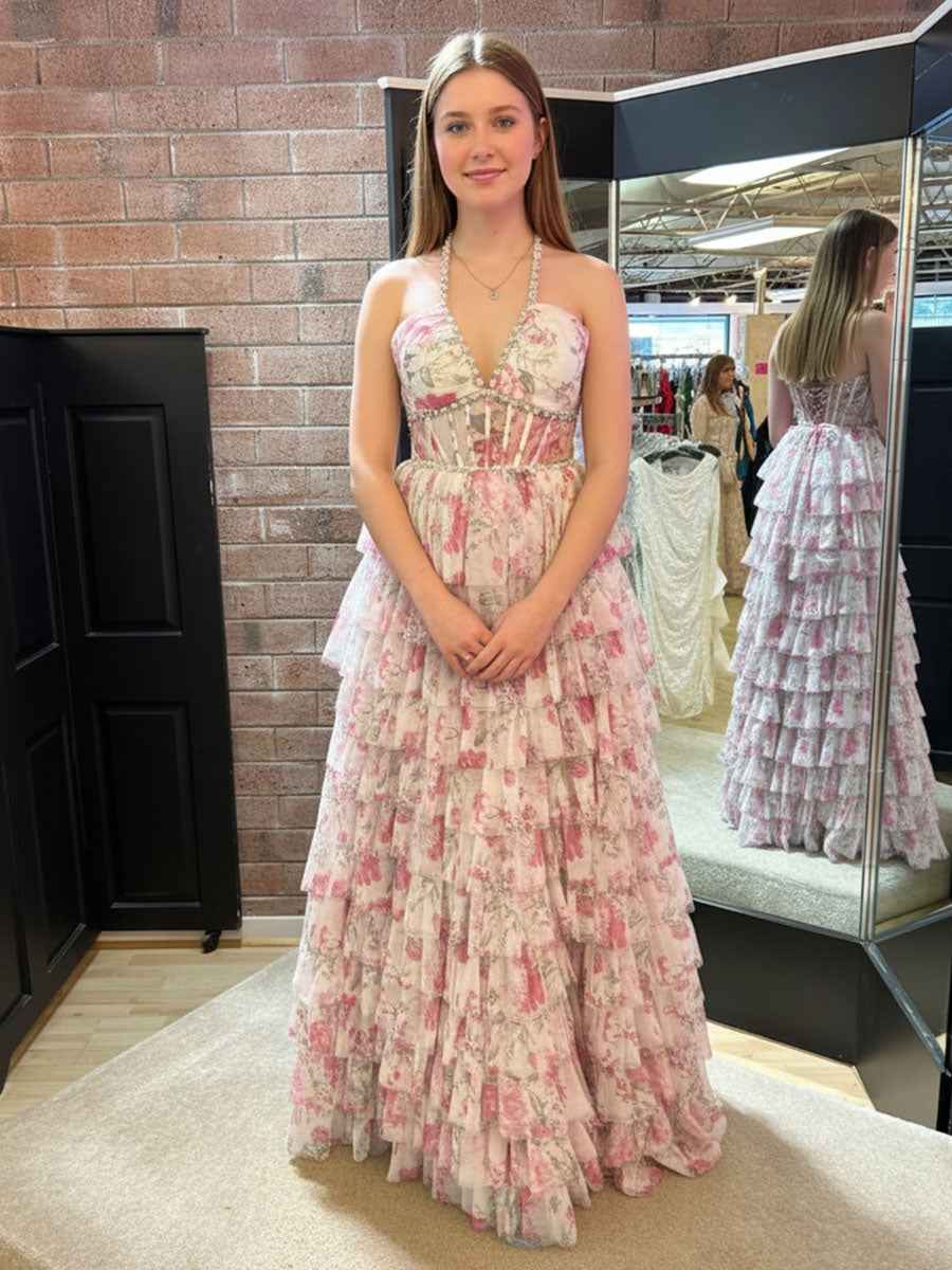 Romantic Floral Ruffle Prom Dress with Beaded Halter Corset
