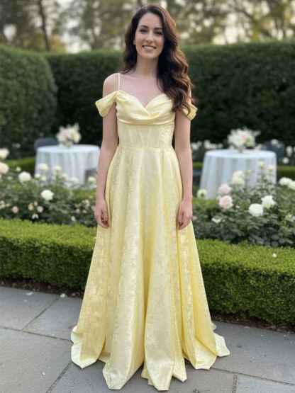 Romantic Off-Shoulder Jacquard A-Line Long Prom Dress