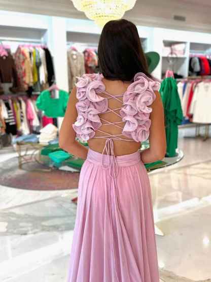 Romantic Pink Chiffon Tiered A-Line Prom Dress with Ruffle