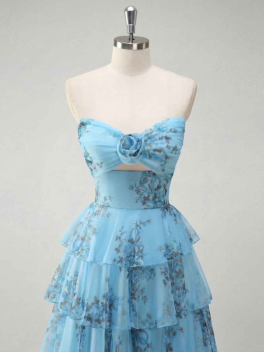 Romantic Pink Floral Tiered Prom Dress with Cut-Out Detail