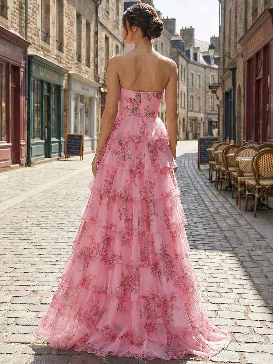 Romantic Pink Floral Tiered Prom Dress with Cut-Out Detail