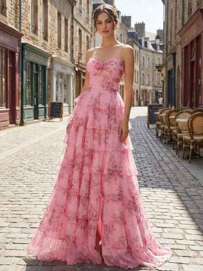 Romantic Pink Floral Tiered Prom Dress with Cut-Out Detail