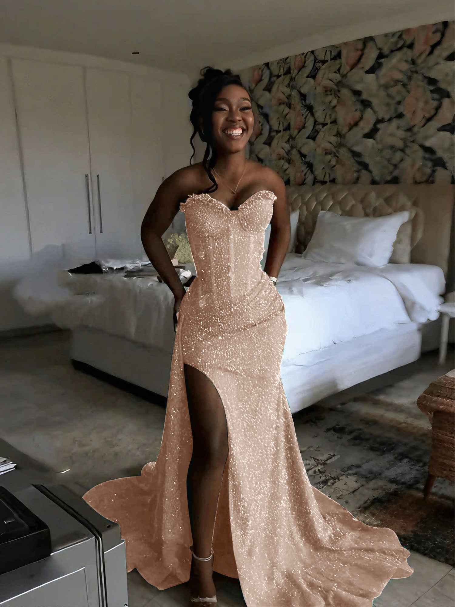 Glitter Strapless Mermaid Sequined Long Prom Dress with Slit - BMBRIDAL