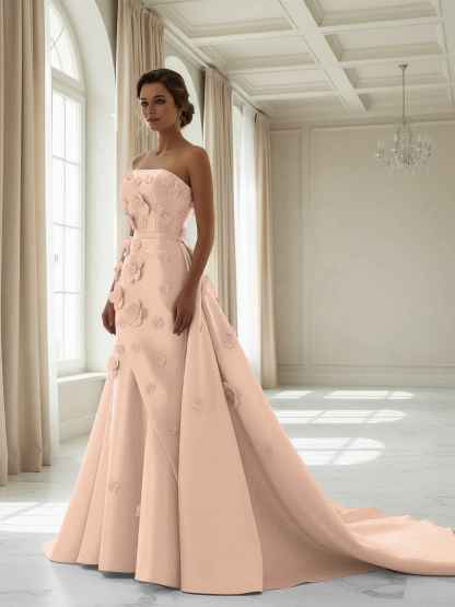 Pink A Line Satin Strapless Prom Dress with 3D Floral Appliques