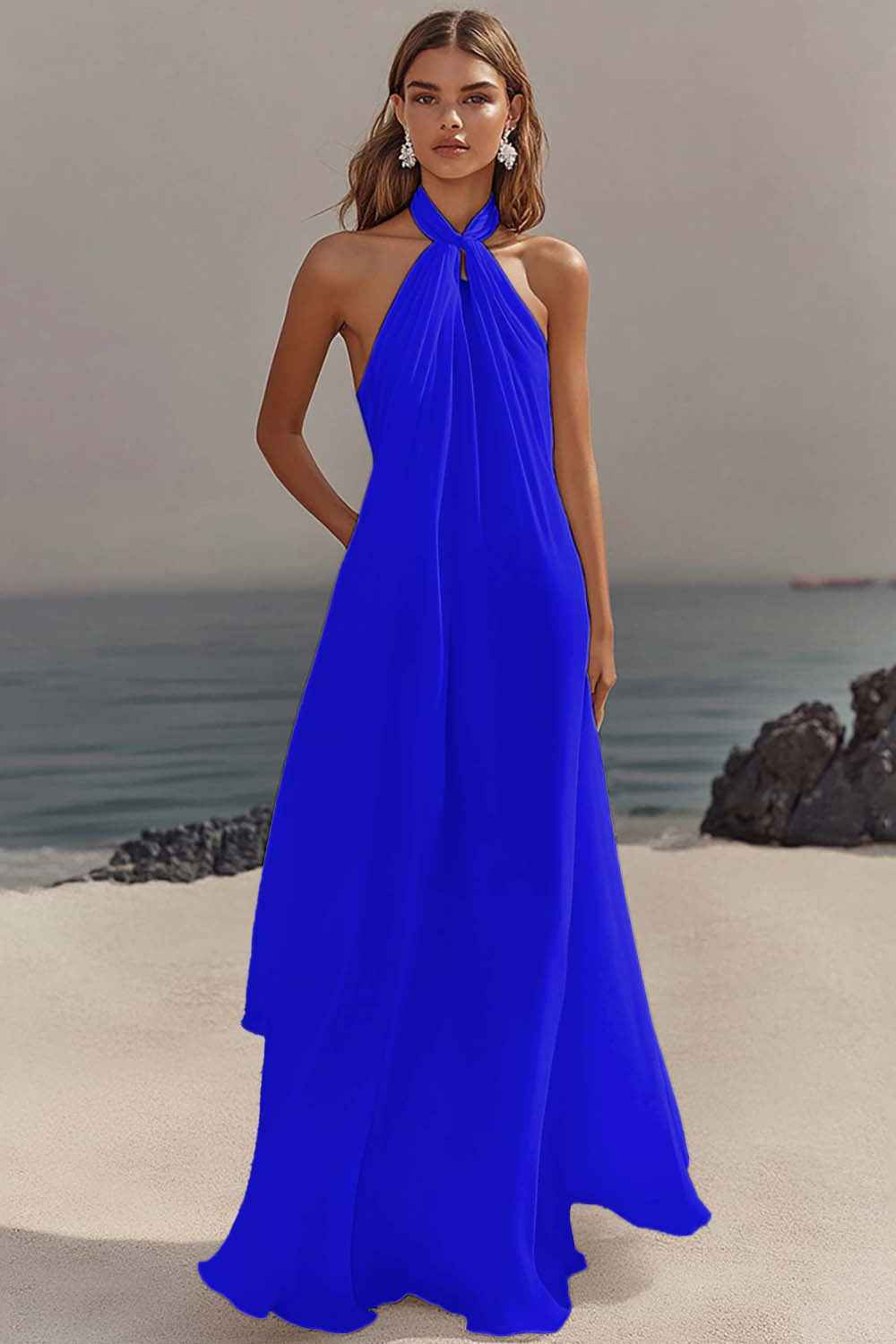 Flowy Sky Blue Chiffon A Line Halter Backless Long Prom Dress