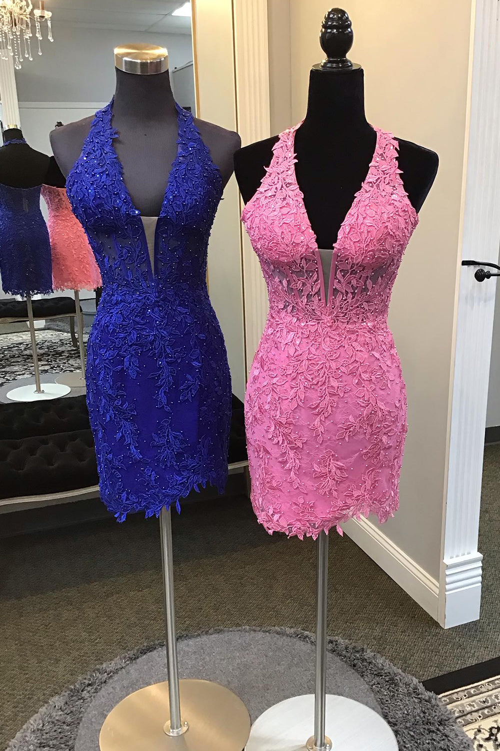 Royal Blue Halter Neck Lace Bodycon Short Homecoming Dress