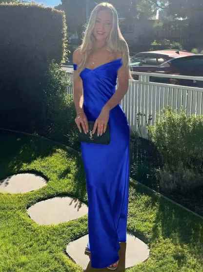 Aqua Mermaid Off The Shoulder Sheath Satin Long Prom Dress