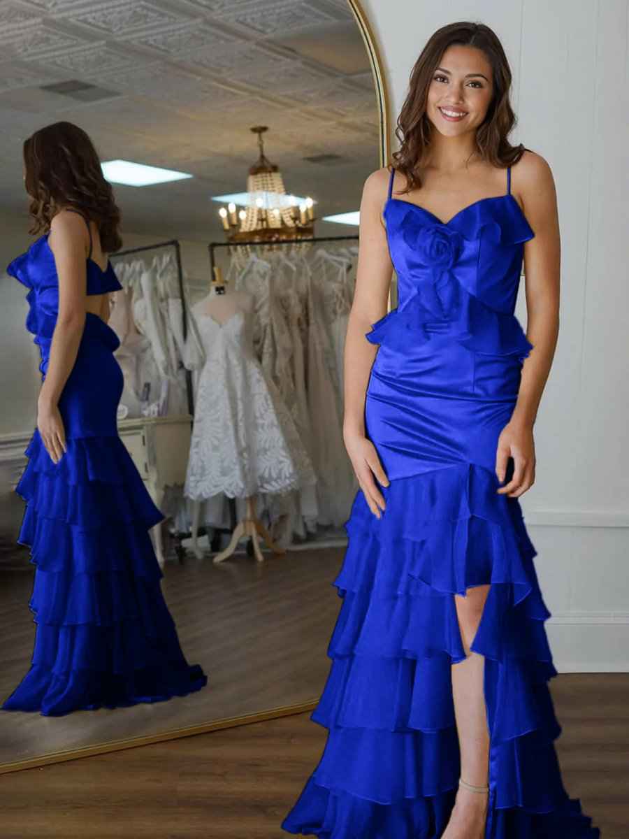 Yellow Mermaid Ruffle Chiffon Long Prom Dress with Flower