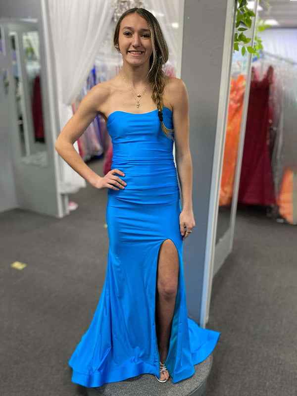 Teal Mermaid Strapless Fitted Long Prom Party Dress with Slit