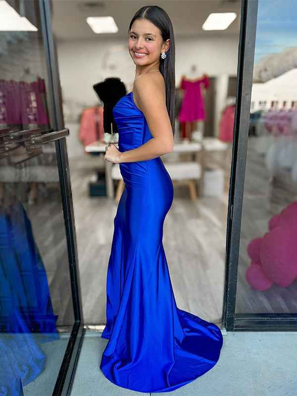 Lavender Mermaid Strapless Ruched Long Prom Dress with High Slit