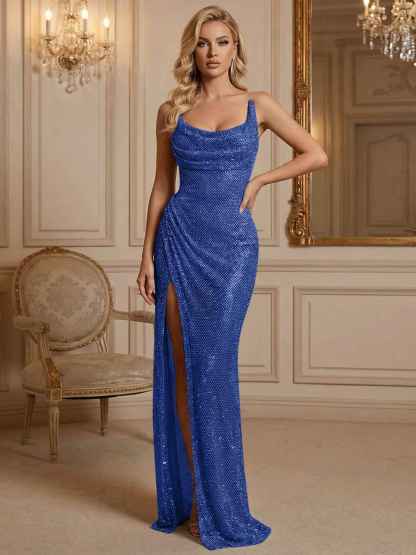 Silver Sequin Cowl Neck Ruched Long Prom Dress with High Slit