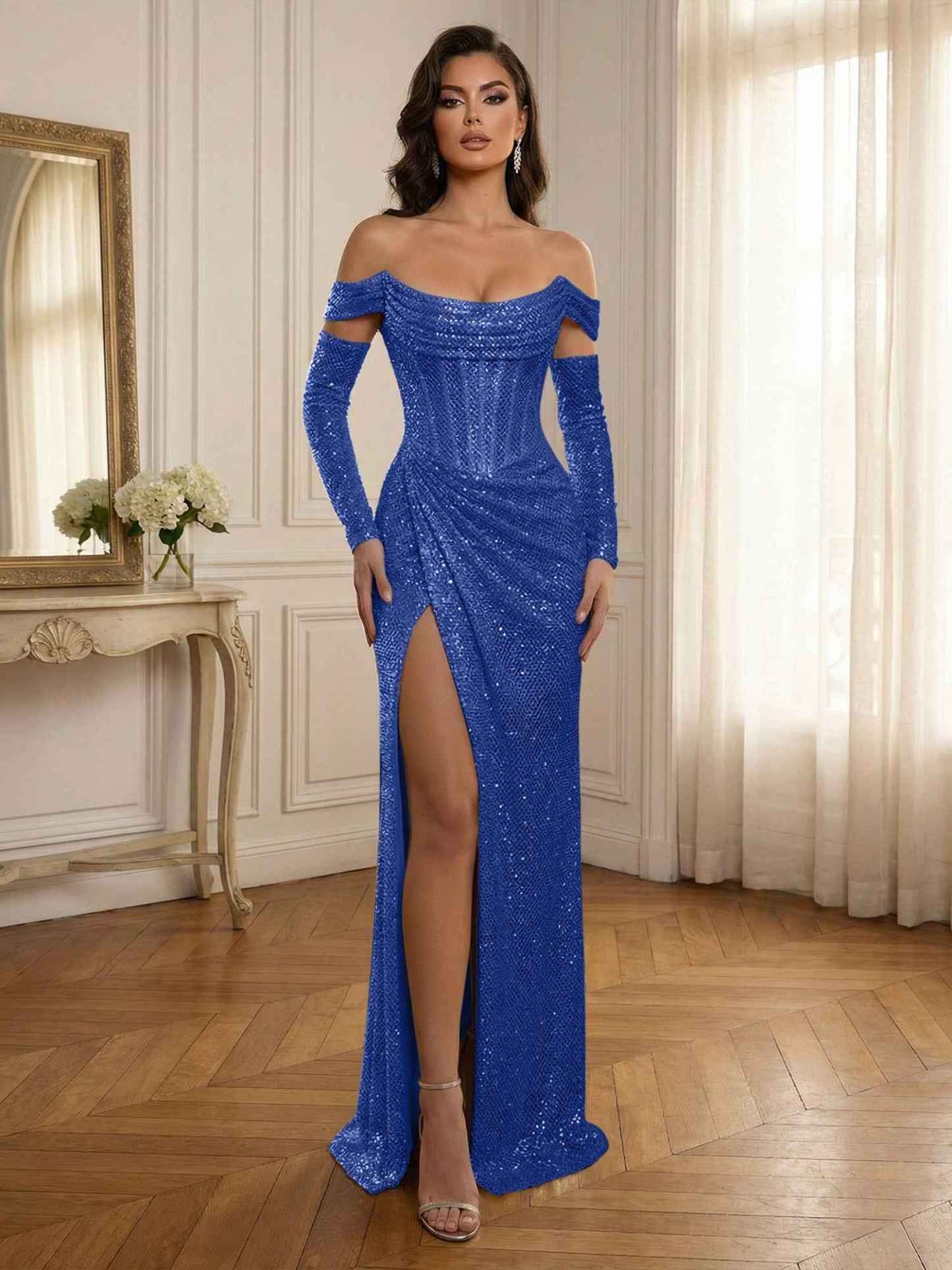 Silver Sequin Off-the-Shoulder Long Sleeves Corset Prom Dress with Slit