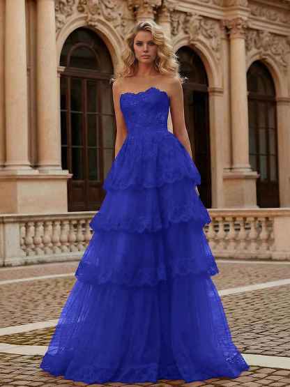 Red Tiered Tulle Strapless Lace Bodice A-Line Long Prom Dress