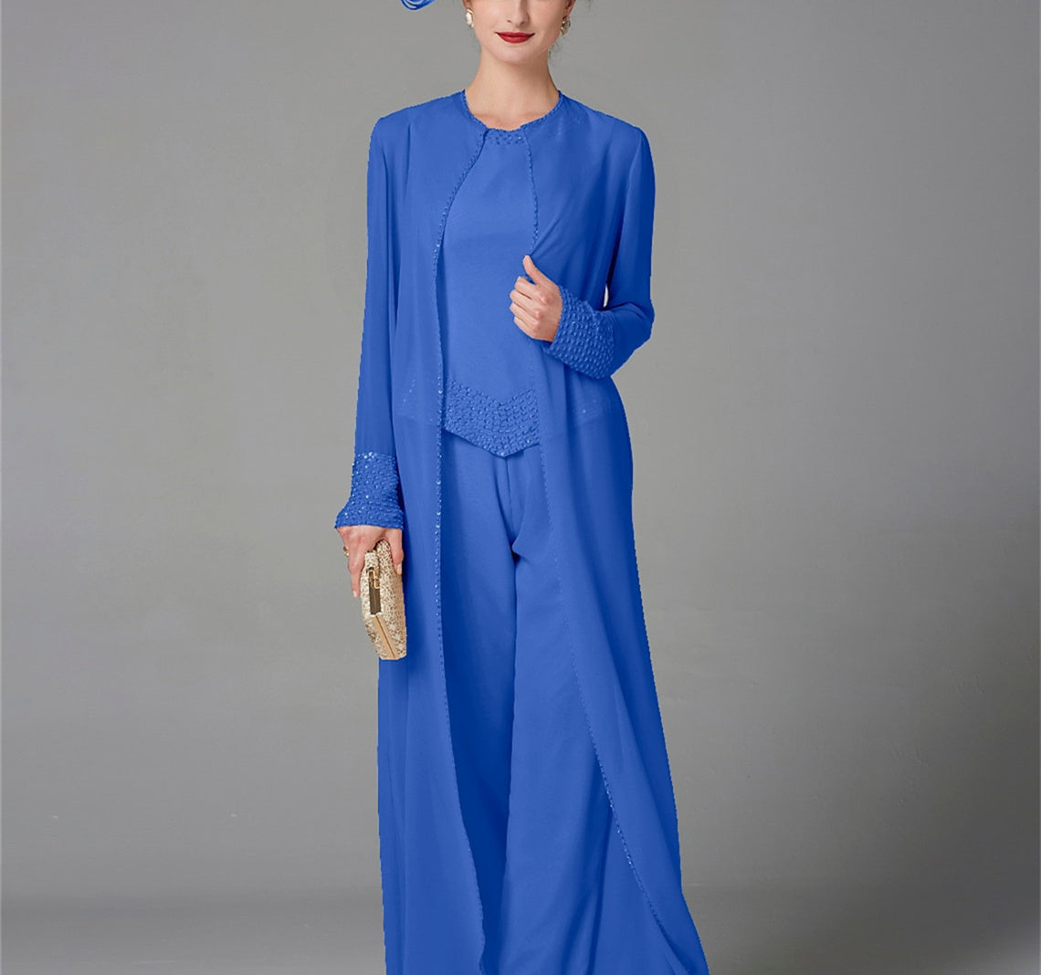Long-Sleeve Chiffon Mother of the Bride Pantsuit with Jacket and Sequins-BMbridal