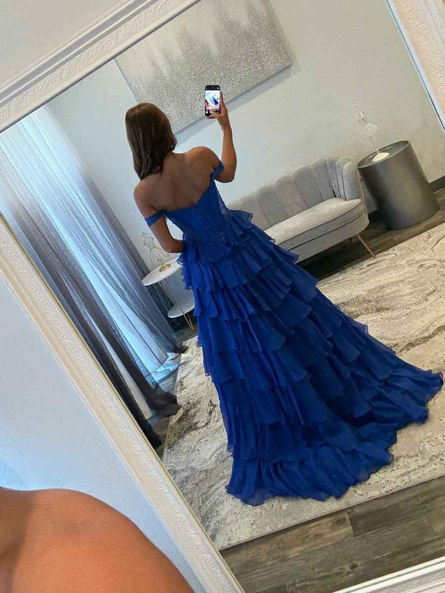 Royal Blue A Line Off The Shoulder Tiered Long Prom Dress with Slit