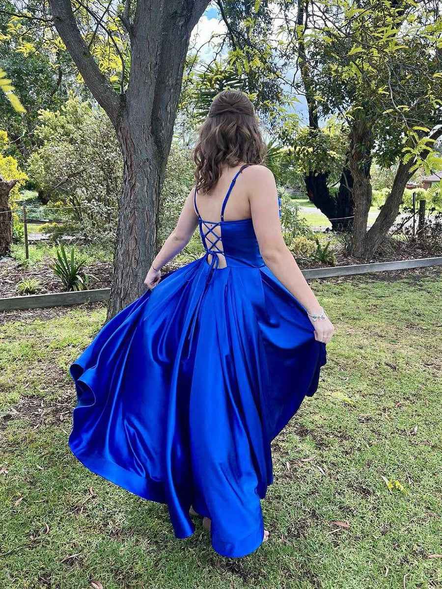 Royal Blue Satin Cowl Neck A-Line Prom Dress with High Slit