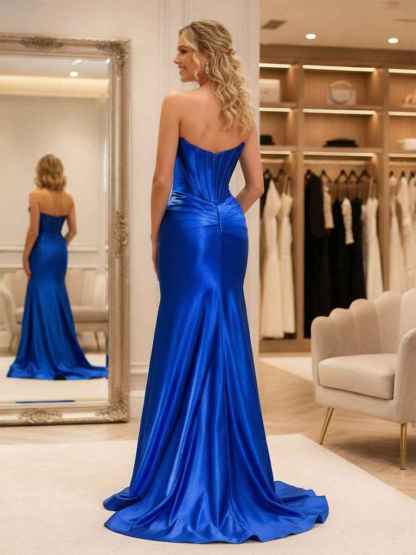 Royal Blue Satin Strapless Lace Trim Corset Prom Dress with High Slit