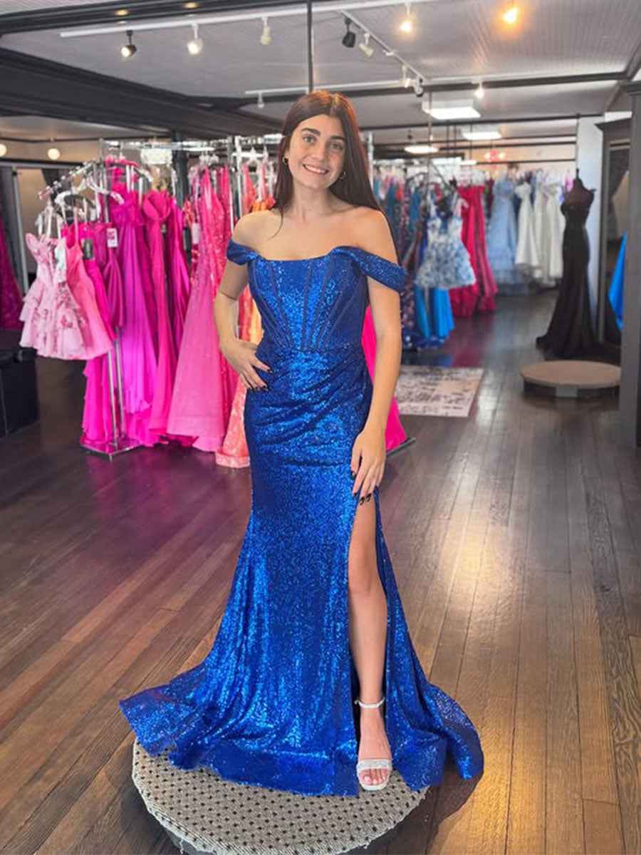 Royal Blue Sequin Off-the-Shoulder Corset Bodice Prom Dress with Slit