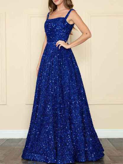 Royal Blue Sequin Square Neckline A-Line Prom Dress with Tank Straps
