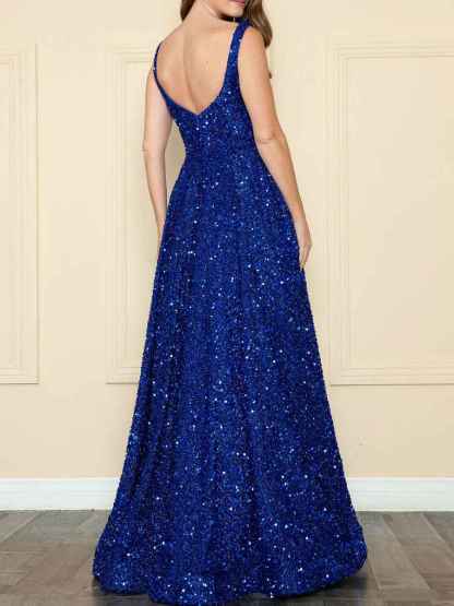 Royal Blue Sequin Square Neckline A-Line Prom Dress with Tank Straps