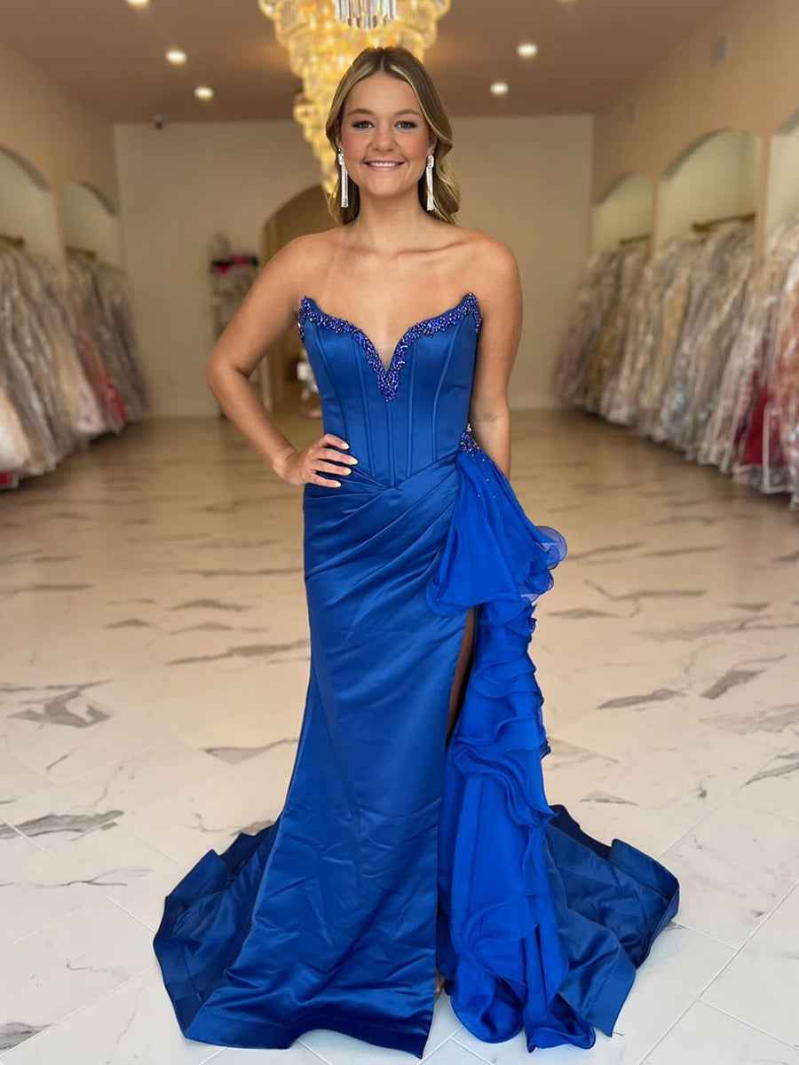 Royal Blue Strapless Satin Ruffled Long Corset Prom Dress with Slit