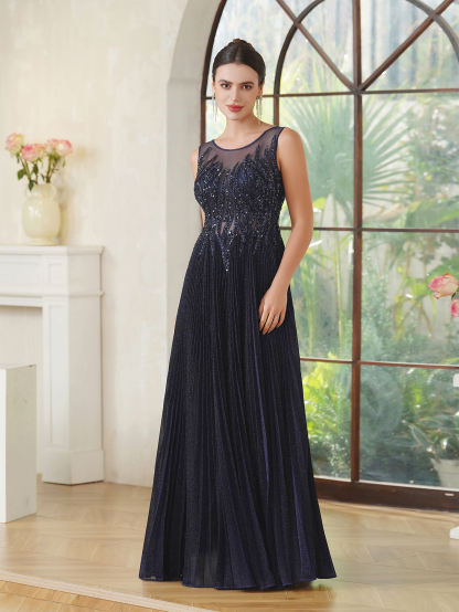 Navy Blue Sequin Prom Dress: Sparkly Mesh Top & Flowy Chiffon Skirt – Senior Ball Elegance