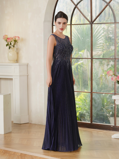 Navy Blue Sequin Prom Dress: Sparkly Mesh Top & Flowy Chiffon Skirt – Senior Ball Elegance