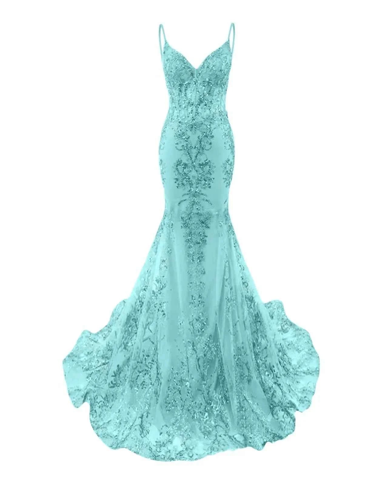 Trumpet/Mermaid Spaghetti Straps Sparkly Sequin Lace Applique Long Prom Dress
