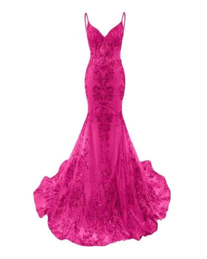 Trumpet/Mermaid Spaghetti Straps Sparkly Sequin Lace Applique Long Prom Dress