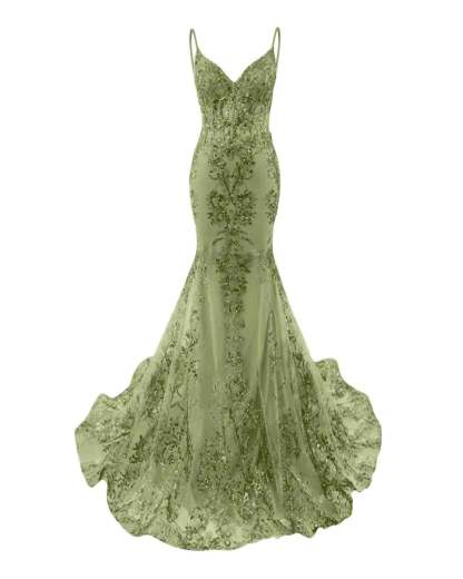 Trumpet/Mermaid Spaghetti Straps Sparkly Sequin Lace Applique Long Prom Dress