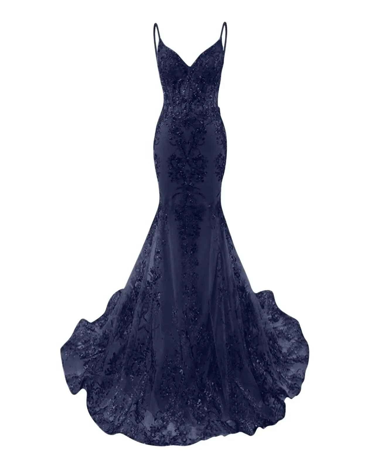 Trumpet/Mermaid Spaghetti Straps Sparkly Sequin Lace Applique Long Prom Dress