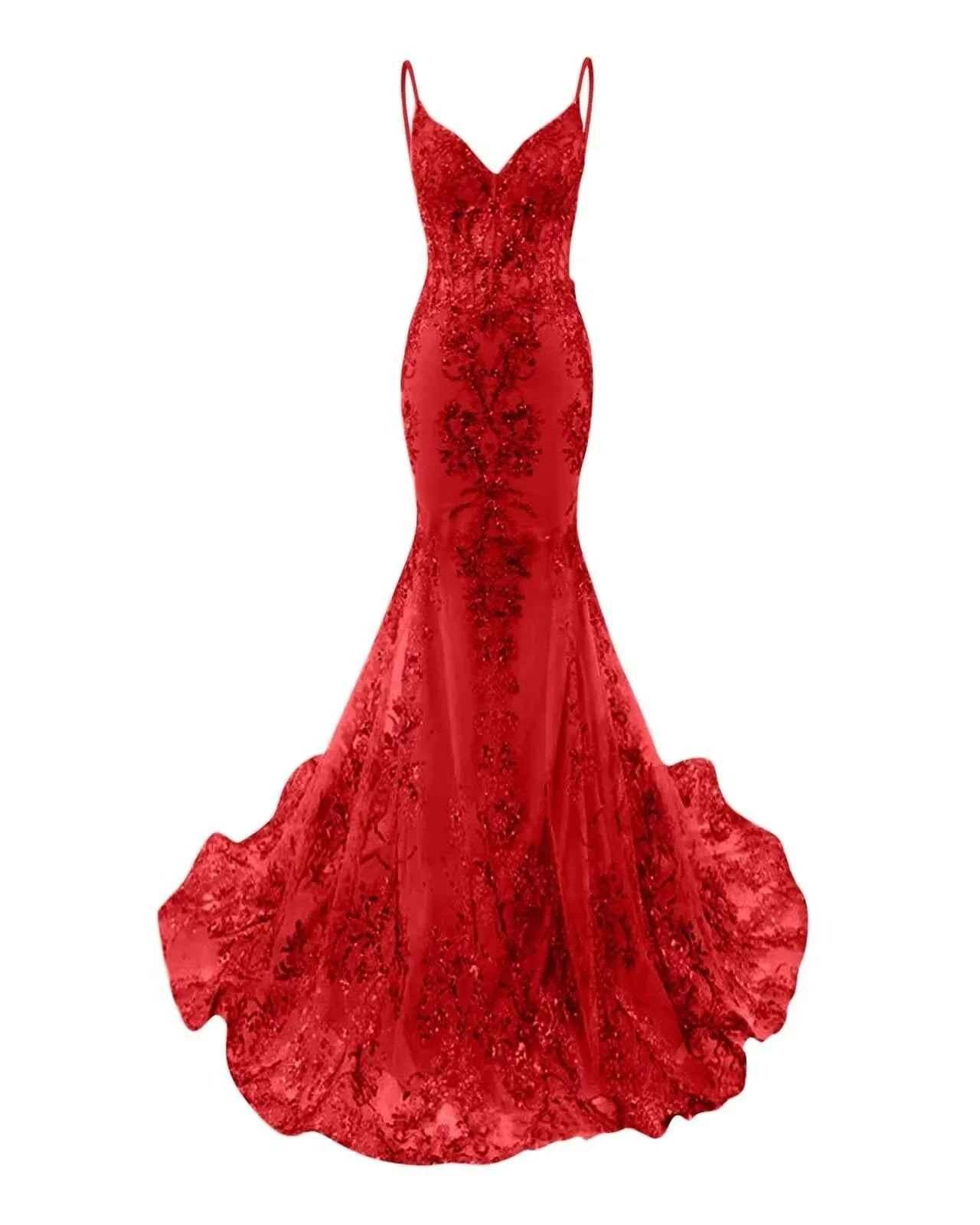 Trumpet/Mermaid Spaghetti Straps Sparkly Sequin Lace Applique Long Prom Dress