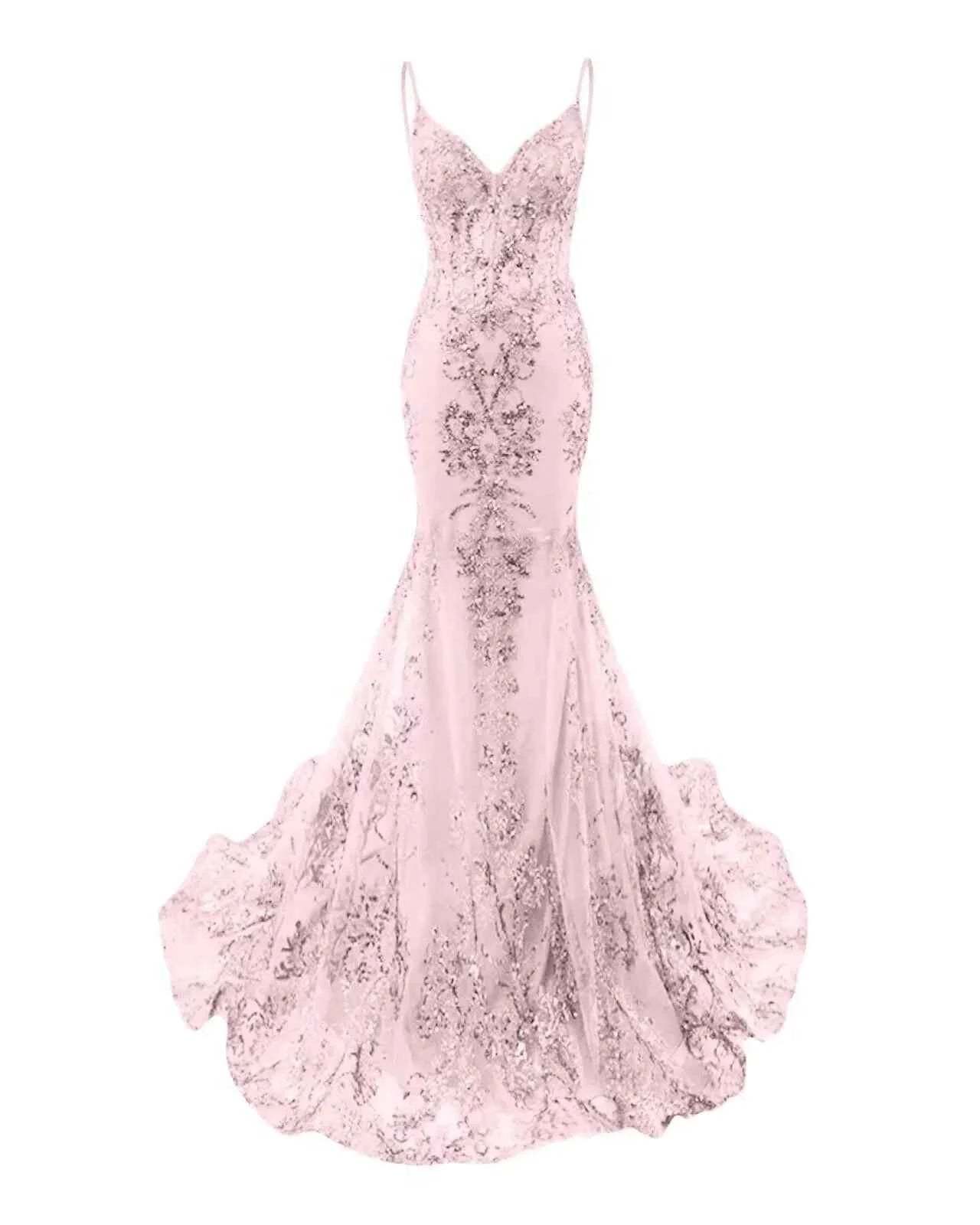 Trumpet/Mermaid Spaghetti Straps Sparkly Sequin Lace Applique Long Prom Dress