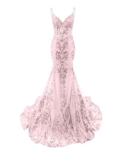 Trumpet/Mermaid Spaghetti Straps Sparkly Sequin Lace Applique Long Prom Dress