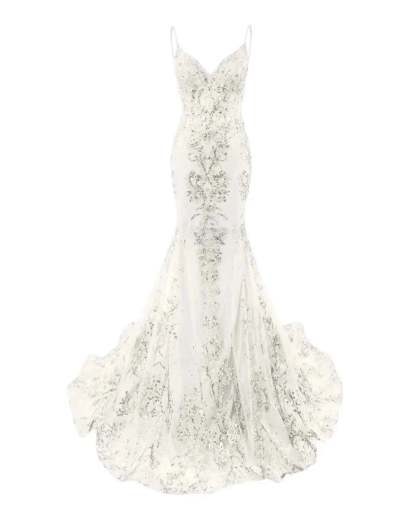 Trumpet/Mermaid Spaghetti Straps Sparkly Sequin Lace Applique Long Prom Dress