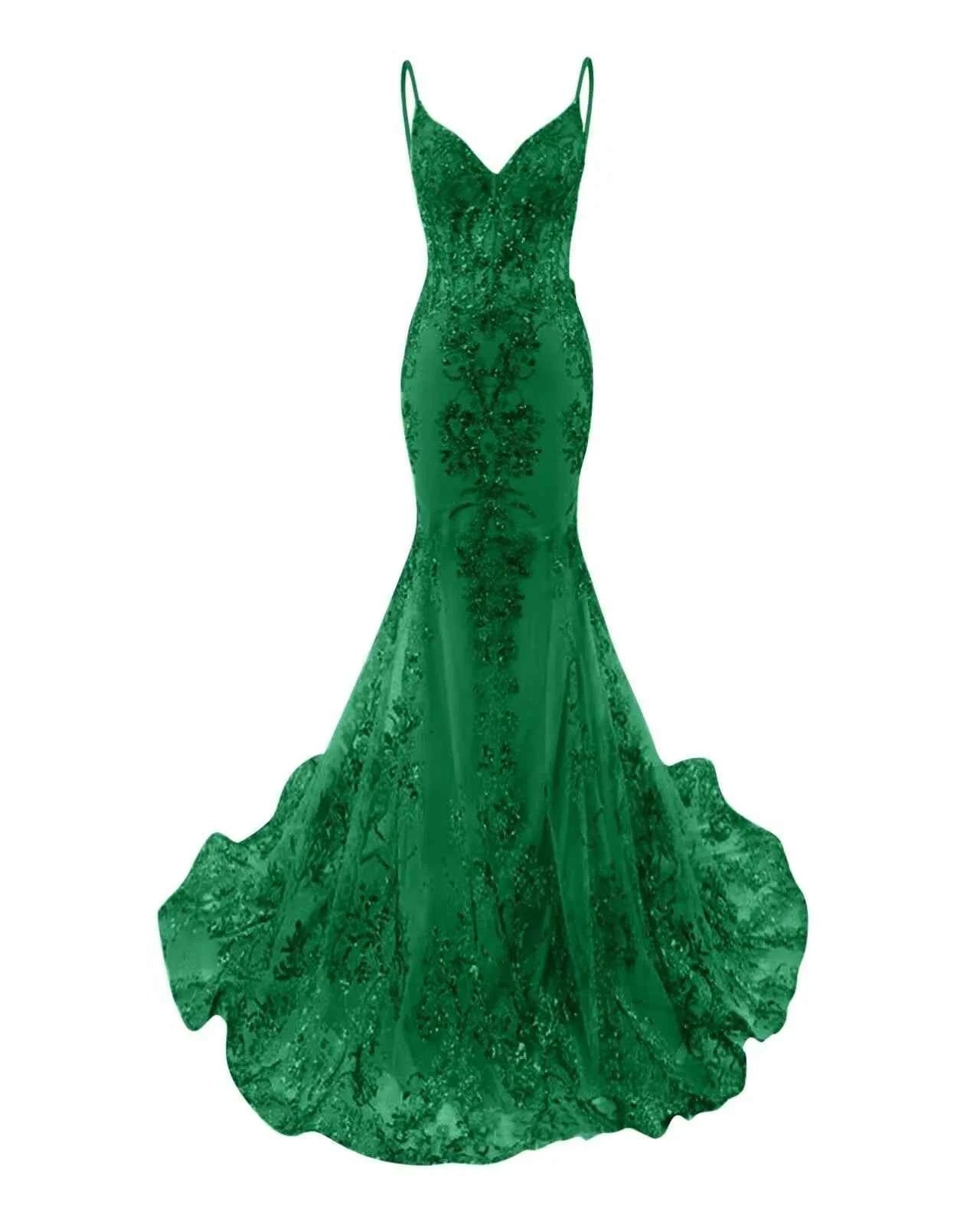 Trumpet/Mermaid Spaghetti Straps Sparkly Sequin Lace Applique Long Prom Dress